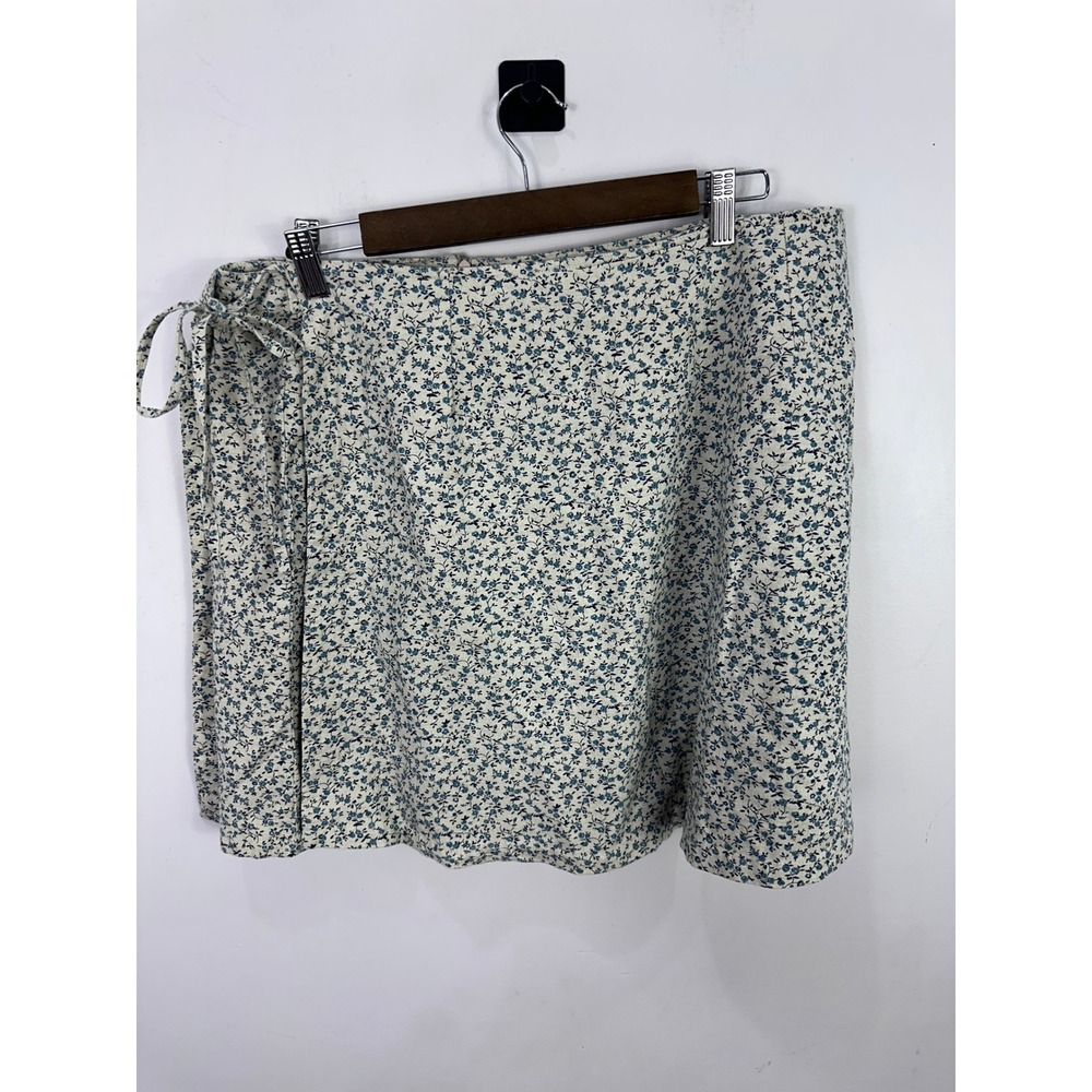 Jennifer Moore Vtg 90s Blue Floral Cotton Linen Wrap Mini Skirt Skort Womens 18 - Picture 4 of 6